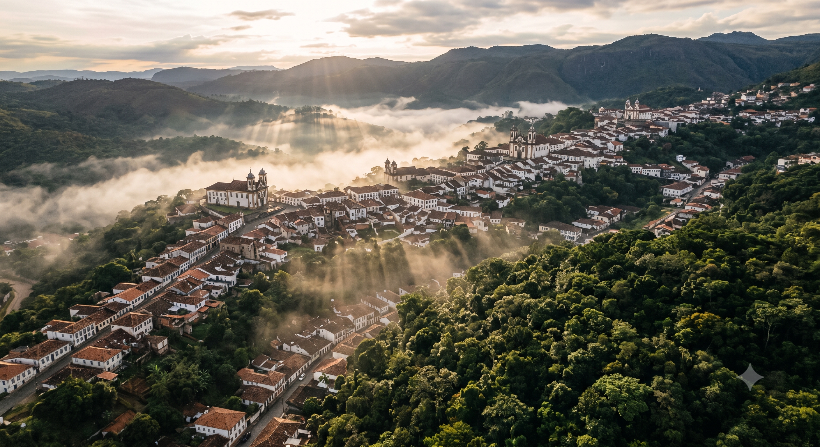Cidade histórica mineira envolta por névoa densa com raios de sol